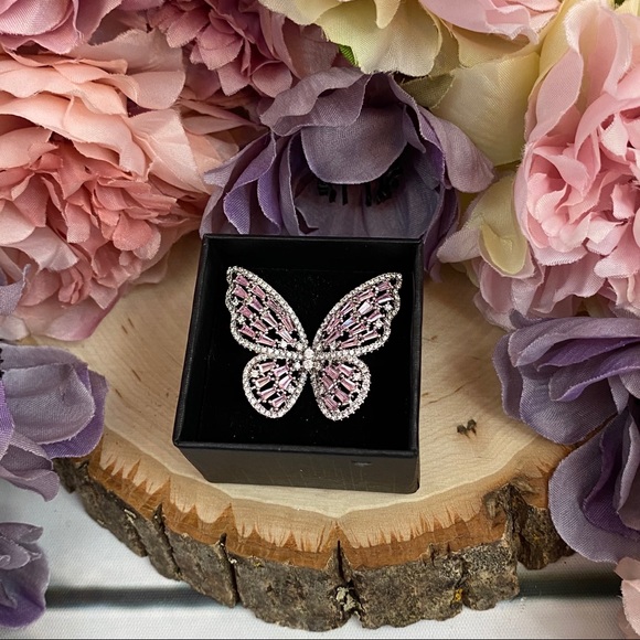 Sparkly Pink and Silver Crystal Butterfly Ring - Picture 9 of 13